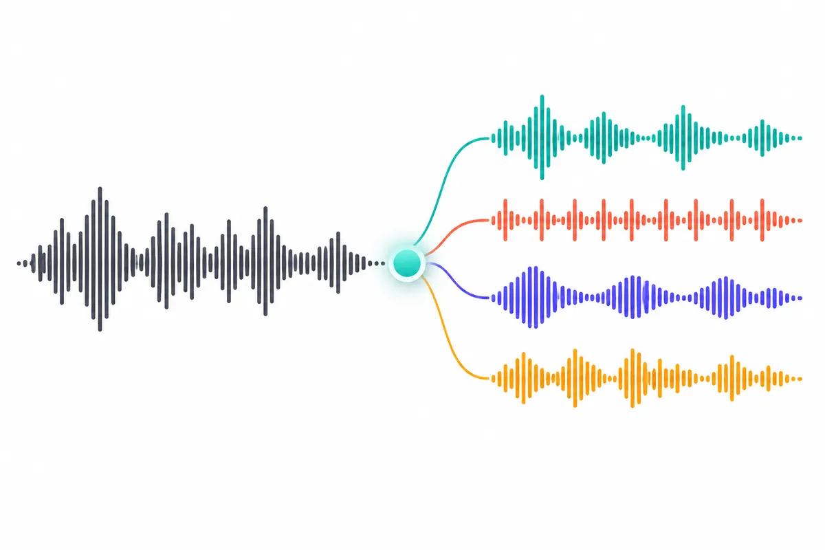 How Demucs splits a mix into stems Music source separation with Demucs: one mixed waveform splitting into vocals, drums, bass and other stems