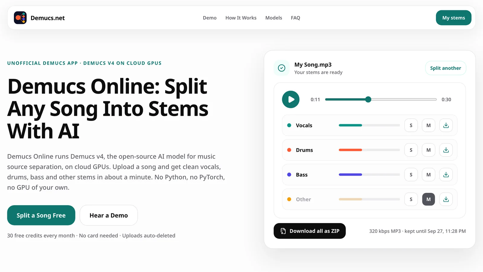 Demucs Online – AI music source separation app Demucs Online app splitting a song into vocals, drums, bass and other stems